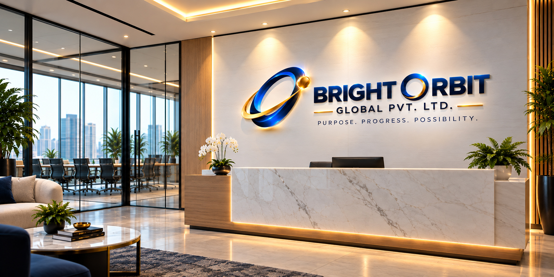 Brand visual: modern office reception with Bright Orbit Global Pvt. Ltd. wall lettering